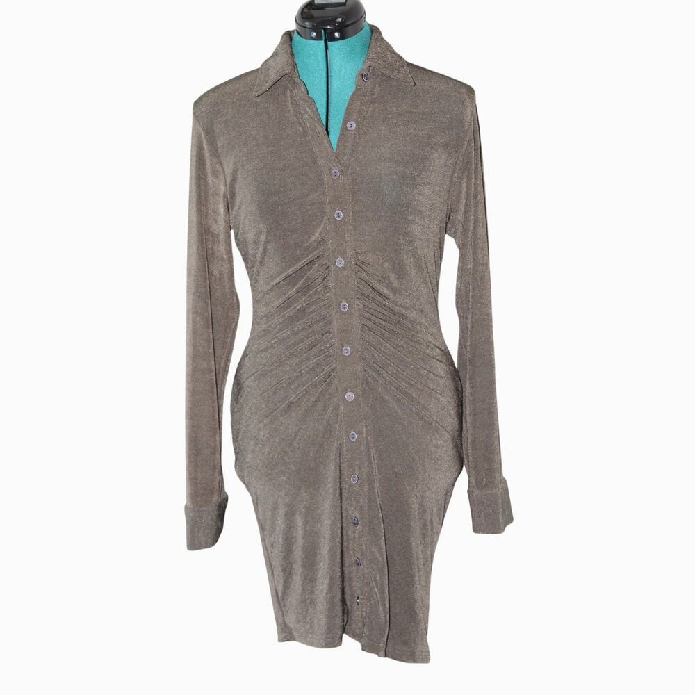 Mable Olive Metallic Ruched Button Down Mini Shirt Dress Long Sleeve Medium - Picture 3 of 5